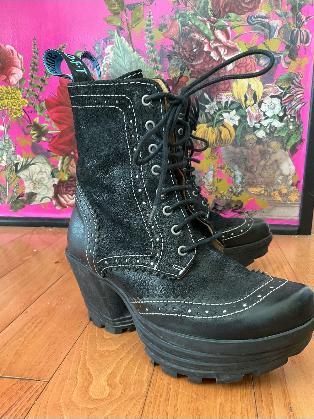 John Fluevog Black Lace-Up Platform Boots with White Stitching